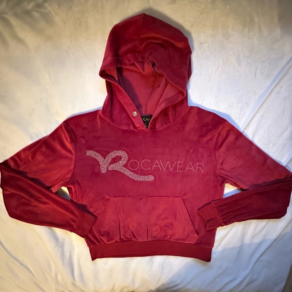 Y2K Vintage ROCAWEAR Red Velour Rhinestone Logo Hooded Pullover Womens S